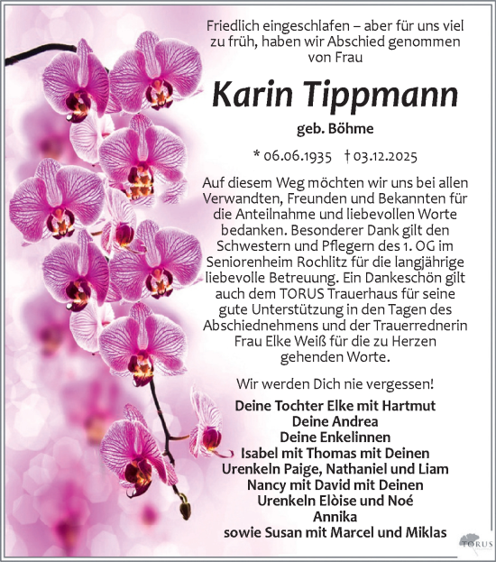 Todesanzeige von Karin Tippmann von Rochlitz