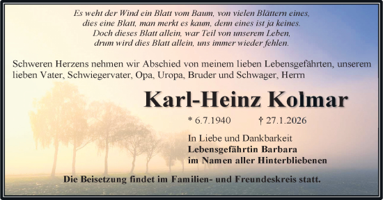 Todesanzeige von Karl-Heinz Kolmar von Annaberg