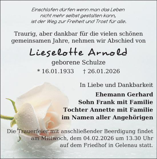 Todesanzeige von Lieselotte Arnold von Zschopau