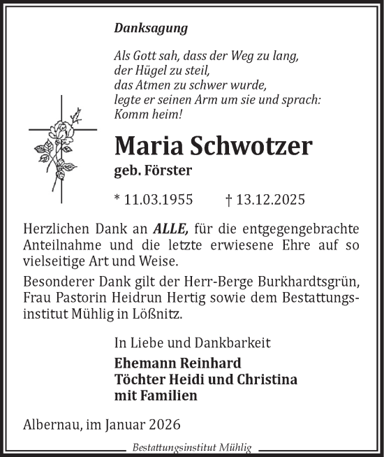 Todesanzeige von Maria Schwotzer von Aue