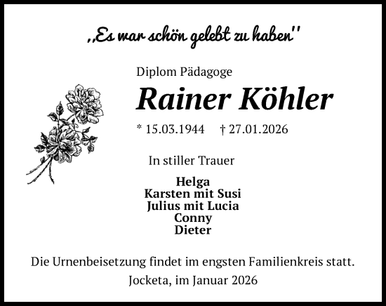 Todesanzeige von Rainer Köhler von Plauen