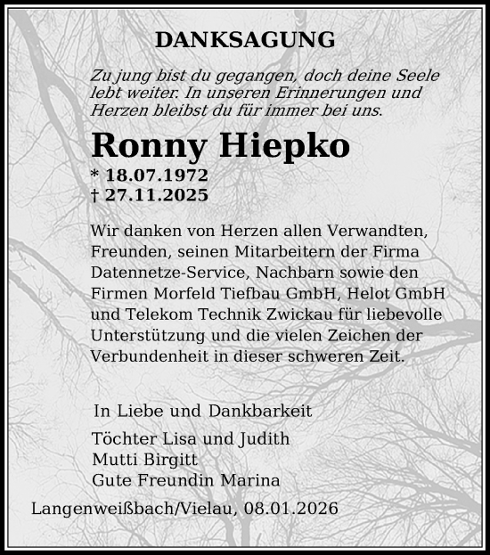 Todesanzeige von Ronny Hiepko von Zwickau