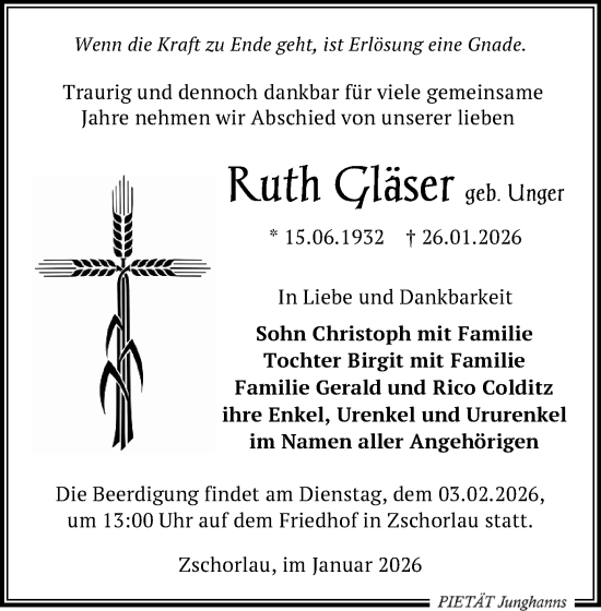 Todesanzeige von Ruth Gläser von Aue