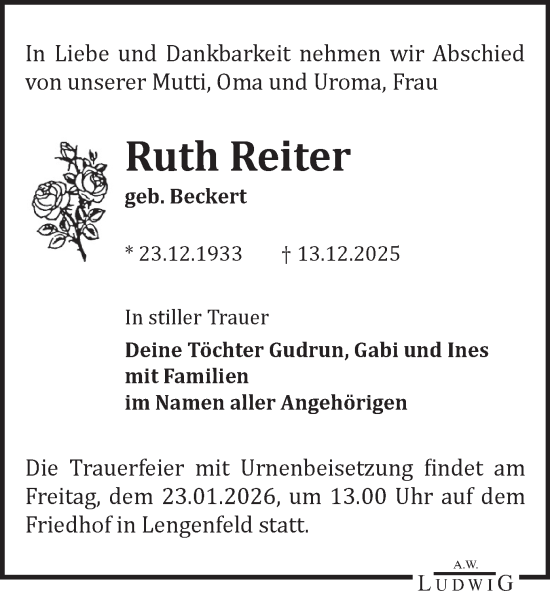 Todesanzeige von Ruth Reiter von Reichenbach