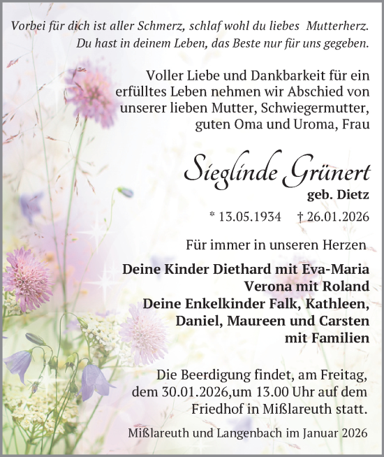 Todesanzeige von Siegline Grünert von Plauen