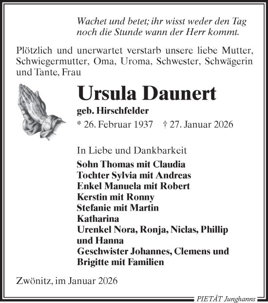Todesanzeige von Ursula Daunert von Aue, Stollberg