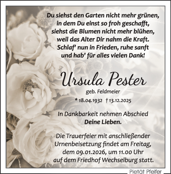Todesanzeige von Ursula Pester von Rochlitz