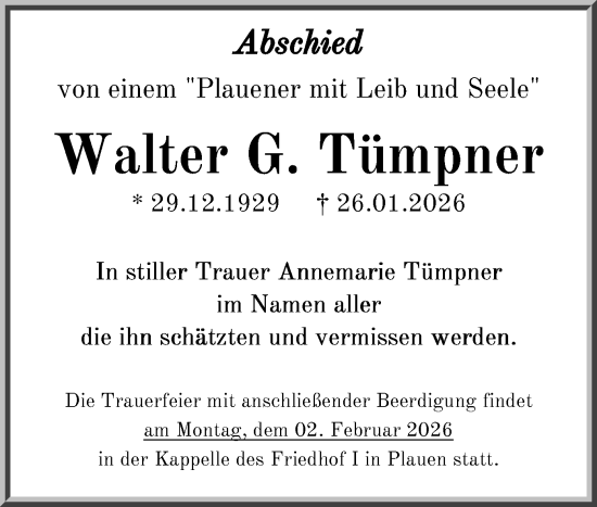 Todesanzeige von Walter G. Tümpner von Plauen
