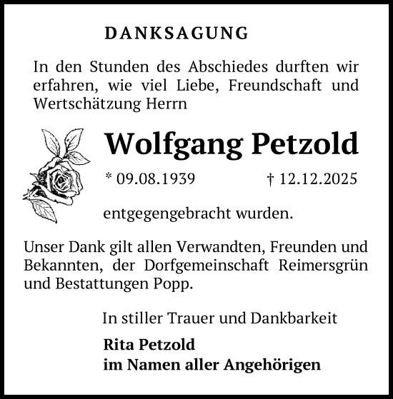 Todesanzeige von Wolfgang Petzold von Reichenbach