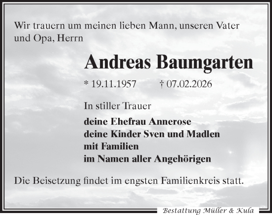 Todesanzeige von Andreas Baumgarten von Aue