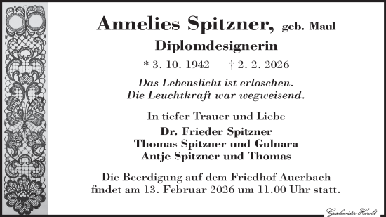 Todesanzeige von Annelies Spitzner von Auerbach