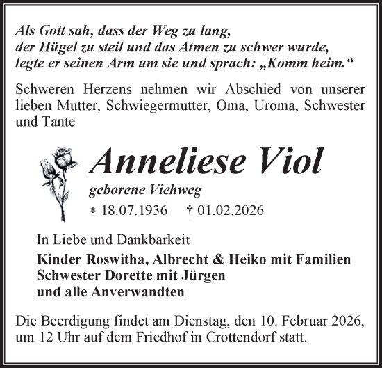 Todesanzeige von Anneliese Viol von Annaberg