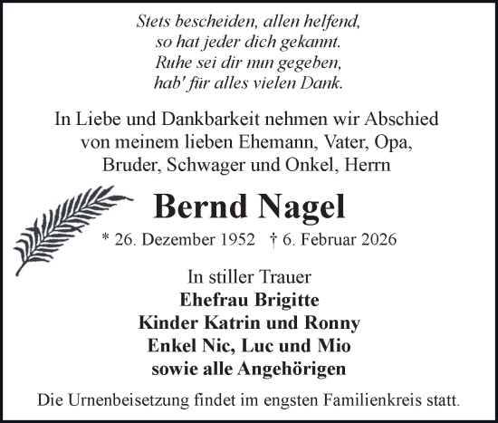Todesanzeige von Bernd Nagel von Stollberg