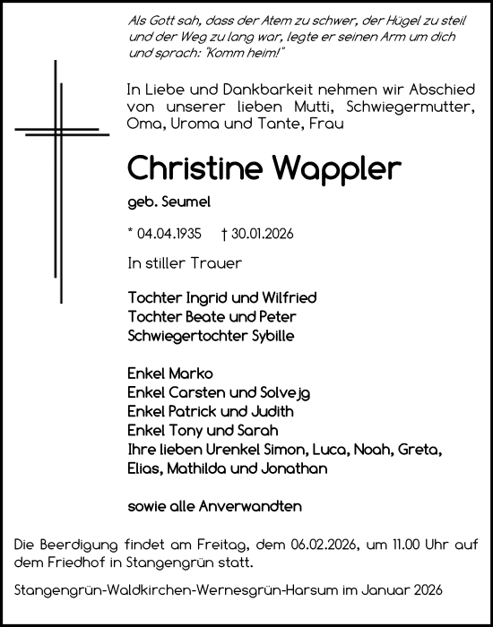 Todesanzeige von Christine Wappler von Zwickau