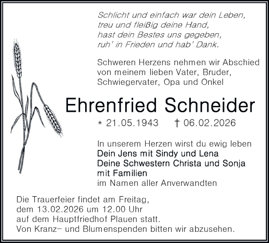 Todesanzeige von Ehrenfried Schneider von Plauen