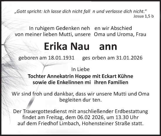 Todesanzeige von Erika Naumann von Chemnitz