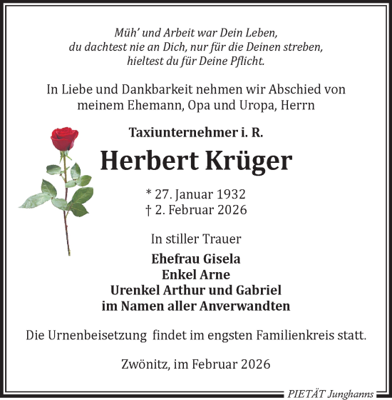 Todesanzeige von Herbert Krüger von Aue