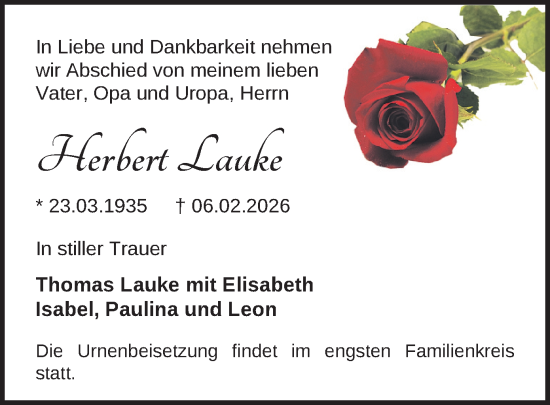 Todesanzeige von Herbert Lauke von Zwickau