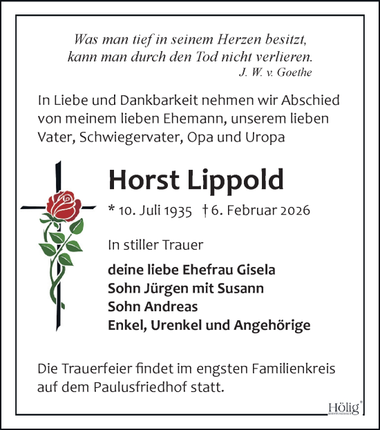 Todesanzeige von Horst Lippold von Zwickau