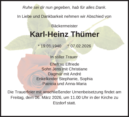 Todesanzeige von Karl-Heinz Thümer von Mittweida