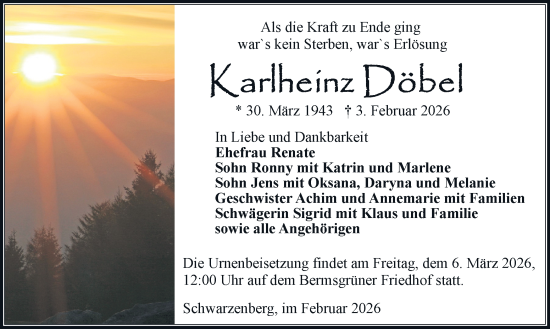 Todesanzeige von Karlheinz Döbel von Schwarzenberg