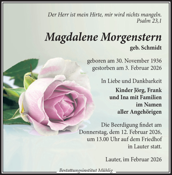 Todesanzeige von Magdalene Morgenstern von Aue, Schwarzenberg