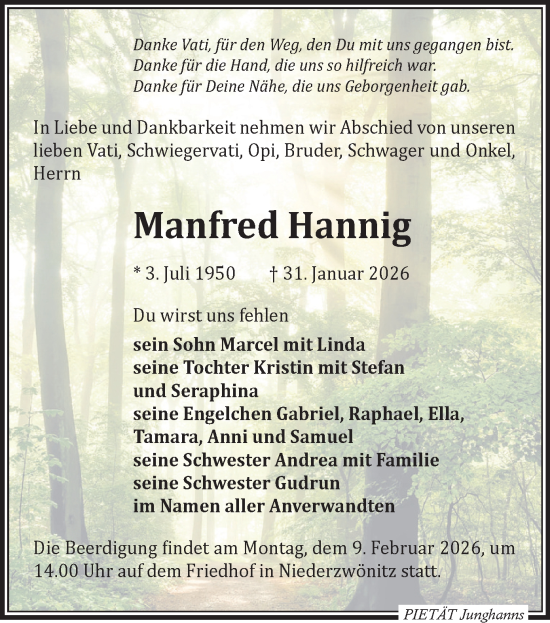Todesanzeige von Manfred Hannig von Aue