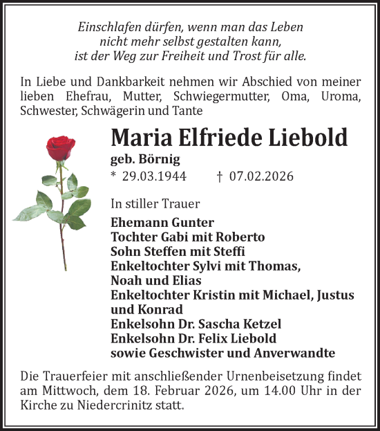 Todesanzeige von Maria Elfriede Liebold von Hohenstein-Ernstthal, Zwickau
