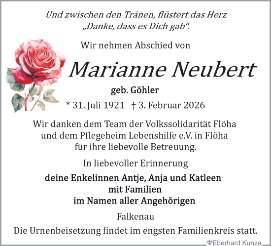 Todesanzeige von Marianne Neubert von Flöha