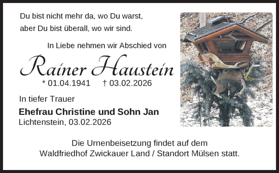Todesanzeige von Rainer Haustein von Hohenstein-Ernstthal