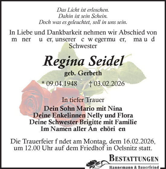Todesanzeige von Regina Seidel von Oberes Vogtland