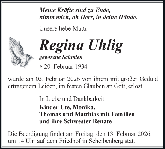 Todesanzeige von Regina Uhlig von Annaberg