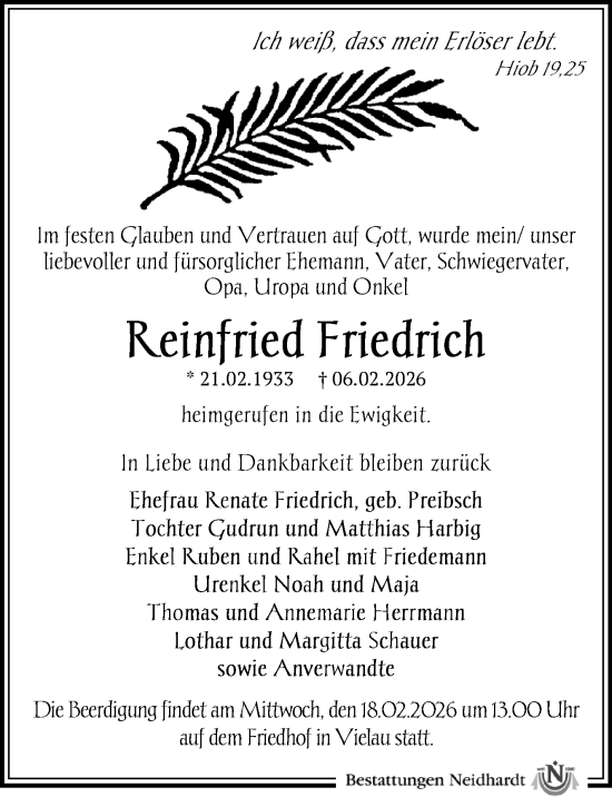 Todesanzeige von Reinfried Friedrich von Zwickau