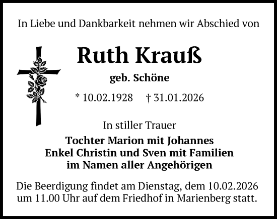 Todesanzeige von Ruth Krauß von Marienberg