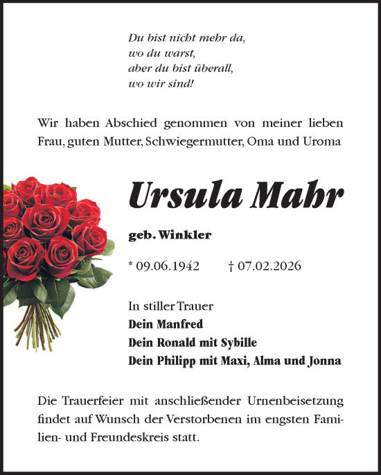 Todesanzeige von Ursula Mahr von Plauen