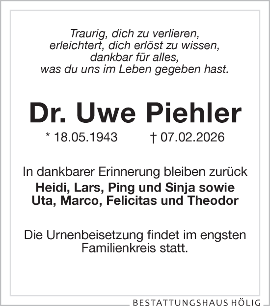 Todesanzeige von Uwe Piehler von Zwickau