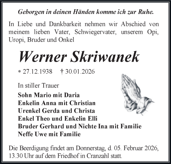 Todesanzeige von Werner Skriwanek von Annaberg