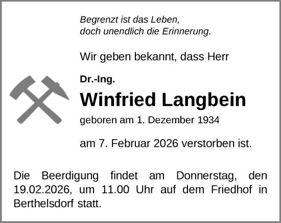 Todesanzeige von Winfried Langbein von Freiberg / Brand Erbisdorf