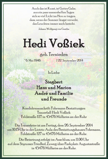 Todesanzeige von Renate Demeter von waz