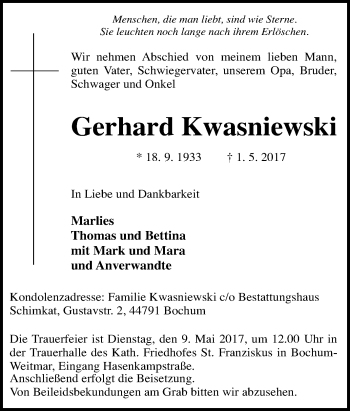 Todesanzeige von Willi Grebian von waz