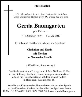 Todesanzeige von Käthe Wendel von waz