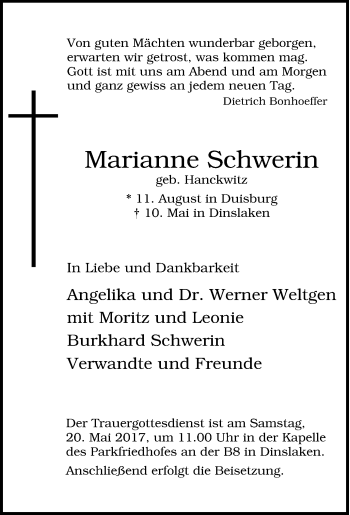 Todesanzeige von Johann Ziegler von waz