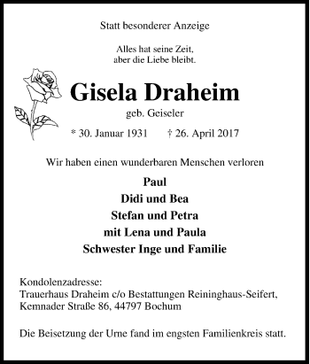 Todesanzeige von Karoline Wendel von waz