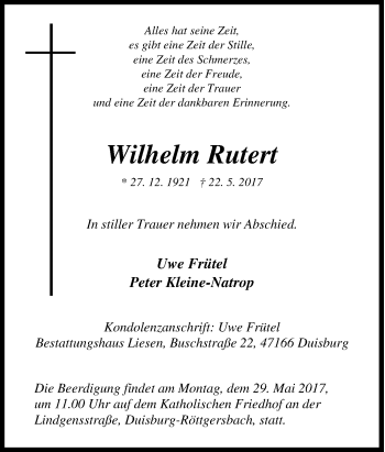 Todesanzeige von Bernhard Tschampel von waz