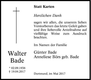 Todesanzeige von Marie Lenz von waz