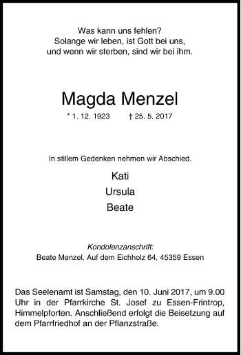 Todesanzeige von Elise Bippig von waz