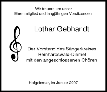 Todesanzeige von Lothar Gebhardt von HNA