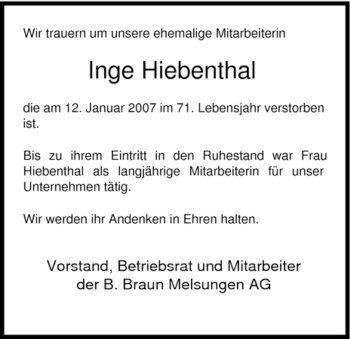 Todesanzeige von Inge Hiebenthal von HNA