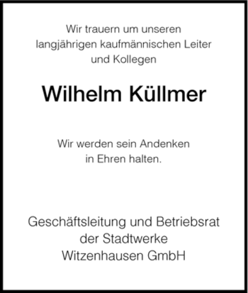Todesanzeige von Wilhelm Kuellmer von HNA