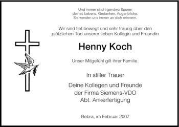 Todesanzeige von Henny Koch von HNA